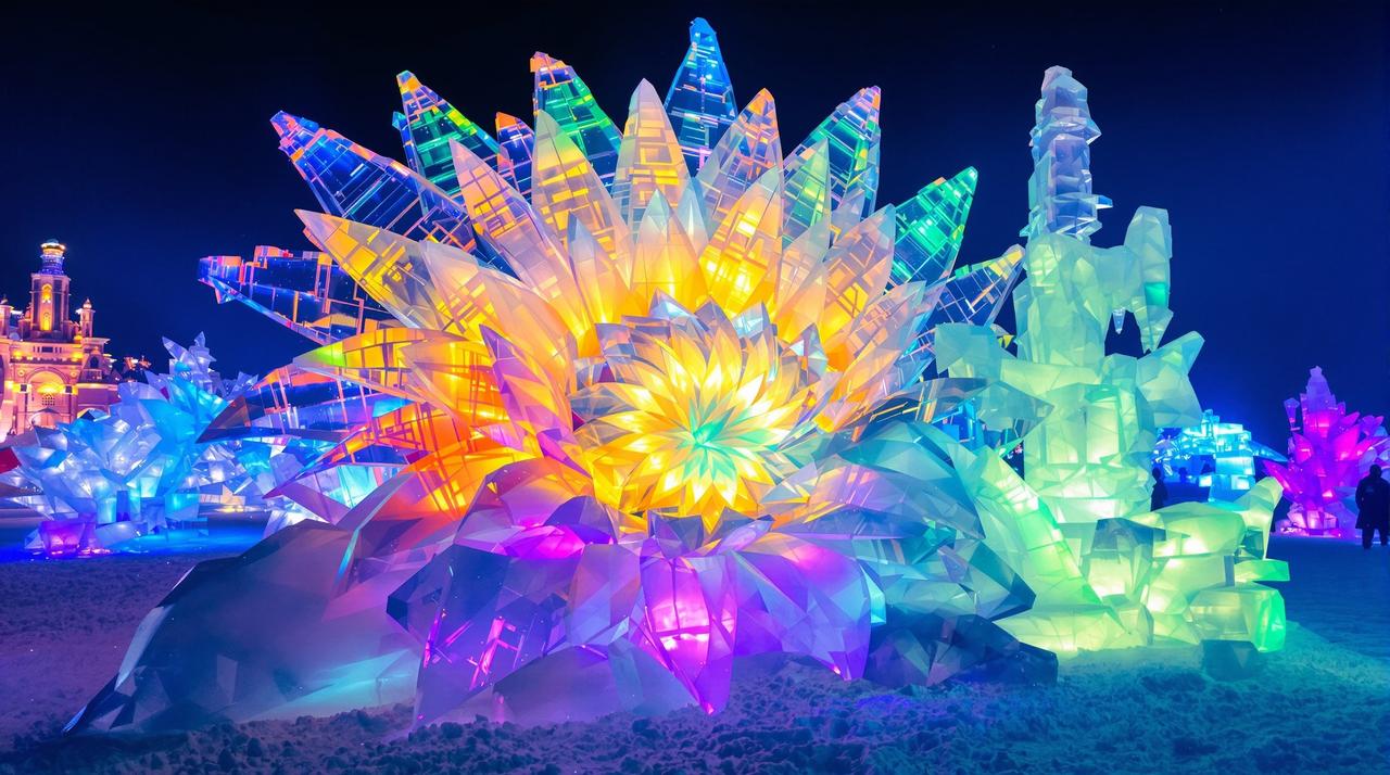 哈尔滨冰雪大世界里用冰雕向日葵致敬冬日暖阳